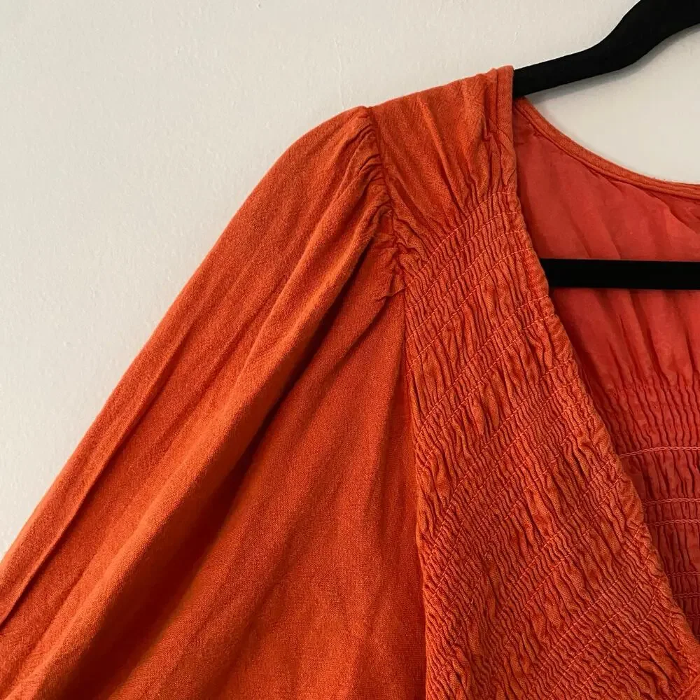 Free People Red Orange String of Hearts Button Down Puff Sleeve Maxi Dress Small